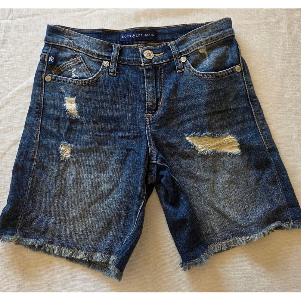 Rock & Republic Bumpershoot Distressed Denim Shorts Dark Blue Sz 2 boho Festival - Picture 2 of 7